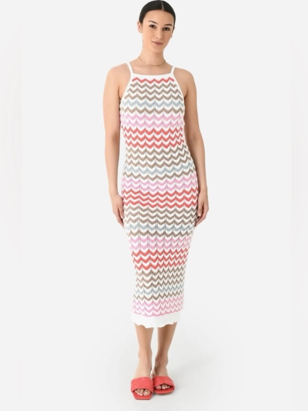 Z Supply Chevron Knit Maxi Dress in Coral, Brown and White